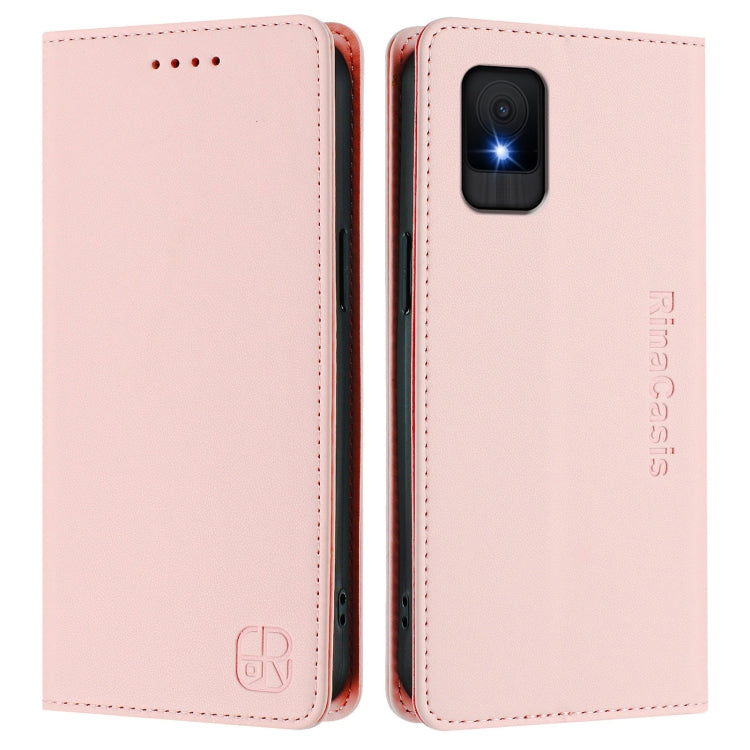 Funda de Cuero con Doble Pliegue y Succión Magnética RFID para Teléfono TCL 502 Rc01 (Rosa)