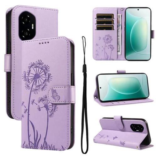 Funda de Cuero con Tapa para Honor 300 Diseño Diente de León en Relieve (Morado)