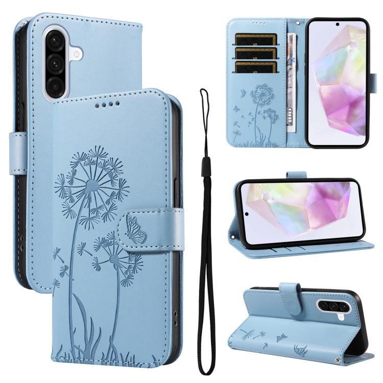 Funda de piel con tapa y diseño de diente de león en relieve para Samsung Galaxy A56 5G (azul cielo)