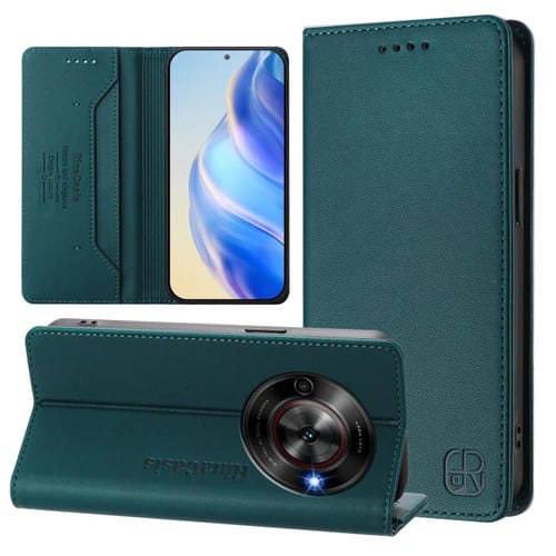 Funda de Cuero con Doble Pliegue y Succión Magnética RFID para ZTE Blade A75 5G y Nubia Focus 5G Rc01 (Verde Oscuro)
