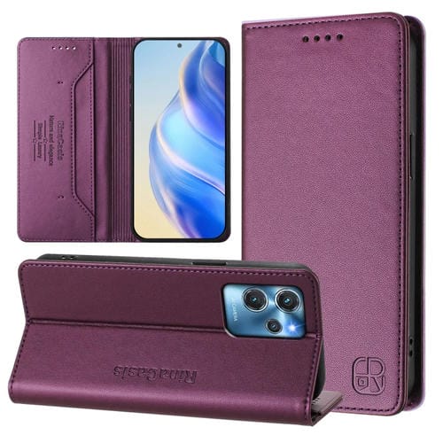 Funda de Cuero Rfid con Doble Pliegue y Succión Magnética para Oukitel C32 Rc01 (Violeta)