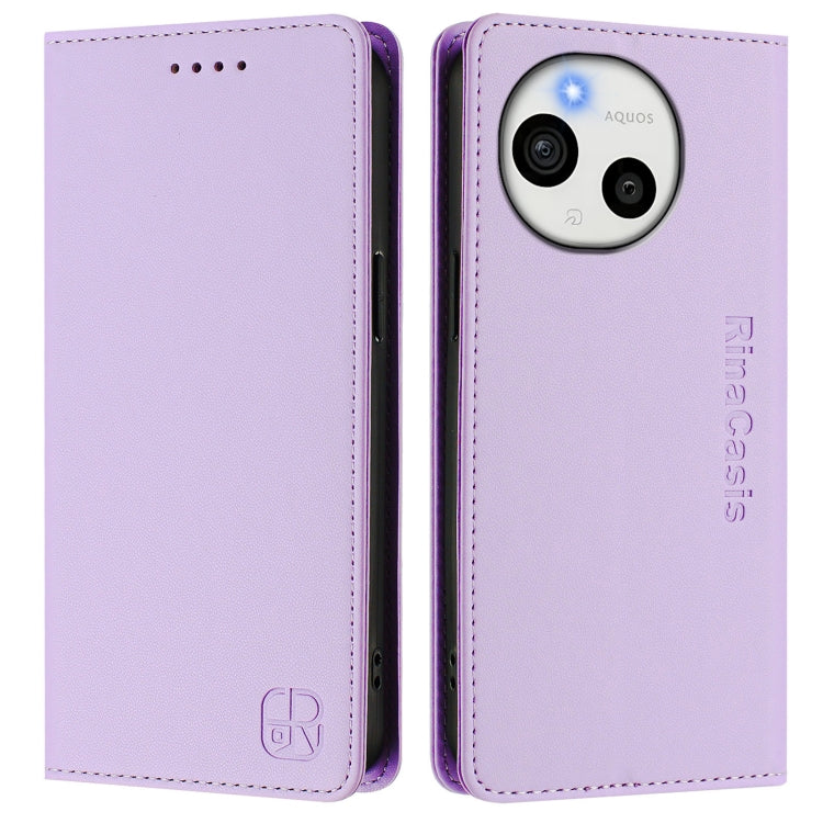 Funda de Cuero RFID para Sharp Aquos Sense9 Rc01 con Doble Pliegue y Succión Magnética (Morado Claro)