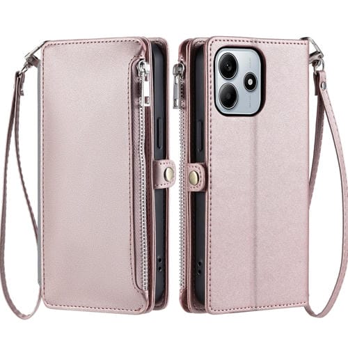 Funda para Teléfono con Cremallera y Ranura para Varias Tarjetas con Costuras de Cuero para Xiaomi Redmi Note 14 5G (Oro Rosa)