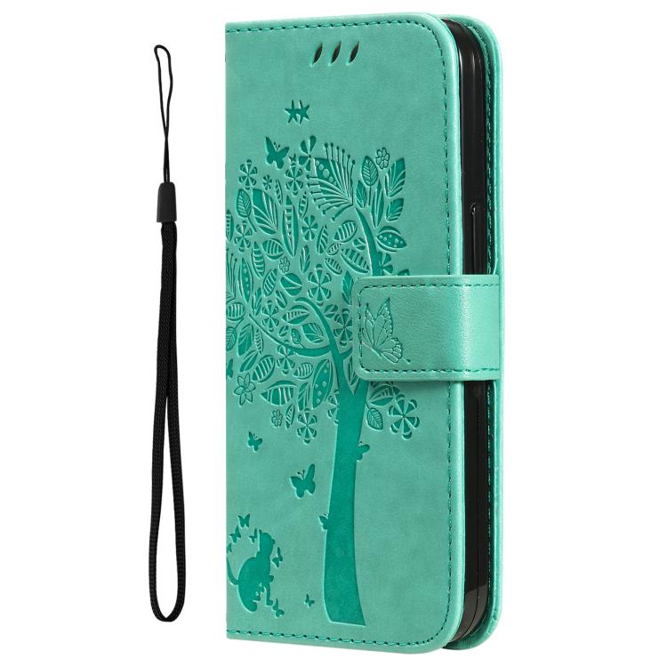 Funda de cuero con tapa y estampado de árbol y gato para Samsung Galaxy A36 5G / M56 5G (verde)