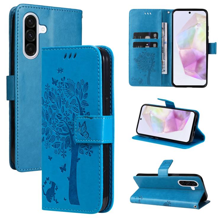 Funda de cuero con tapa y estampado de árbol y gato para Samsung Galaxy A36 5G / M56 5G (azul)