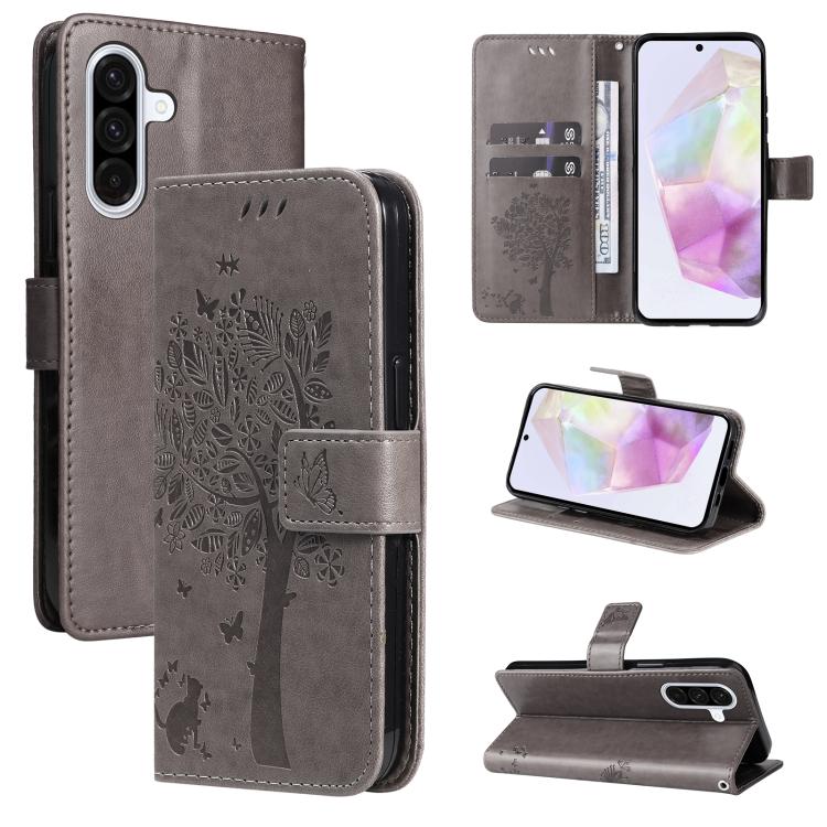 Funda de cuero con tapa y estampado de árbol y gato para Samsung Galaxy A36 5G / M56 5G (gris)