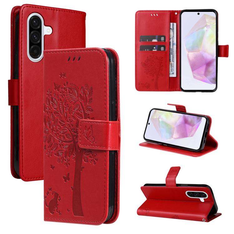 Funda de cuero con tapa y estampado de árbol y gato para Samsung Galaxy A36 5G / M56 5G (roja)