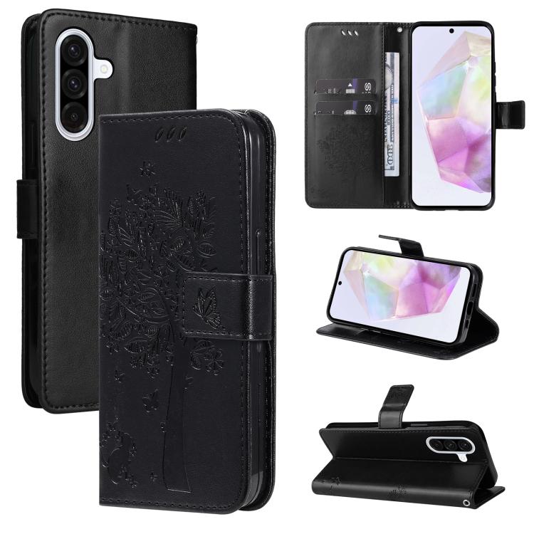 Funda de cuero con tapa y estampado de árbol y gato para Samsung Galaxy A36 5G / M56 5G (negra)