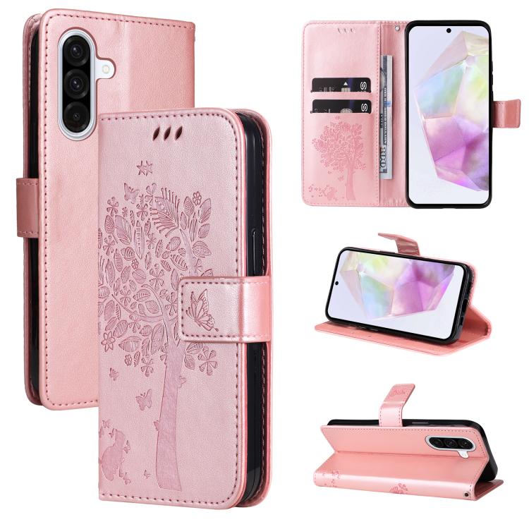 Funda de cuero con tapa para Samsung Galaxy A56 5G con diseño de árbol y gato en relieve (oro rosa)
