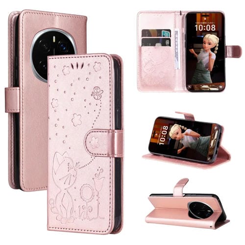 Funda de Cuero para Honor Magic7 Pro a Prueba de Golpes con Estampado de Abeja y Gato (Oro Rosa)