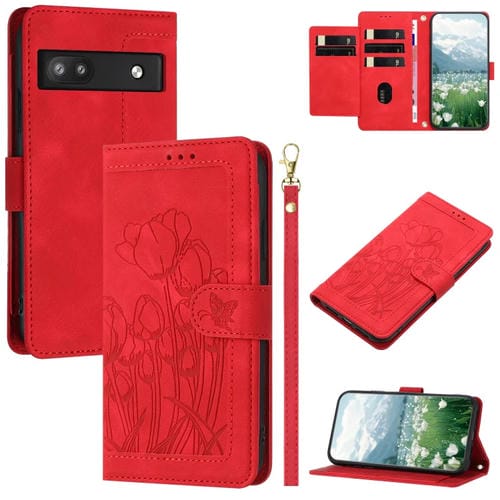 Funda de Cuero con Relieve de Tulipanes para Google Pixel 6A con Cordón (Rojo)