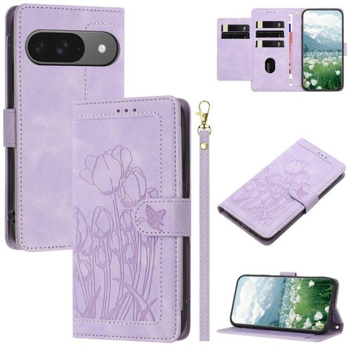 Funda de Cuero con Relieve de Tulipanes para Google Pixel 9 y 9 Pro con Cordón (Morado)