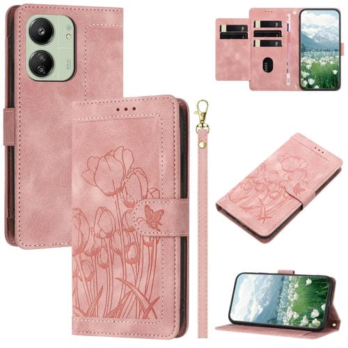 Funda de Piel con Relieve de Tulipanes para Redmi 13C 4G/5G con Cordón (Rosa)