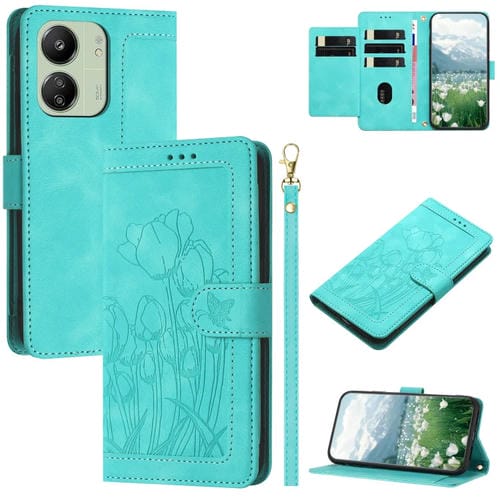 Funda de Cuero con Relieve de Tulipanes para Redmi 13C 4G/5G con CordĂłn (Verde)