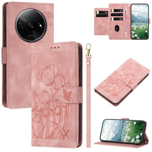 Funda de Cuero con Relieve de Tulipanes para Redmi A3 con CordĂłn (Rosa)