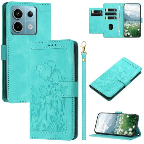 Funda de Cuero con Relieve de Tulipanes para Redmi Note 13 5G con CordĂłn (Verde)