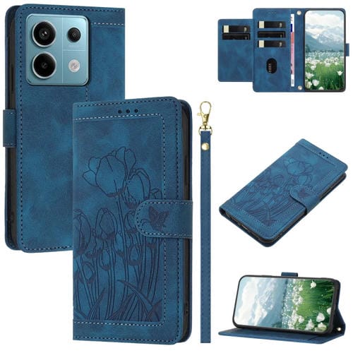 Funda de Cuero con Relieve de Tulipanes para Redmi Note 13 5G con CordĂłn (Azul)