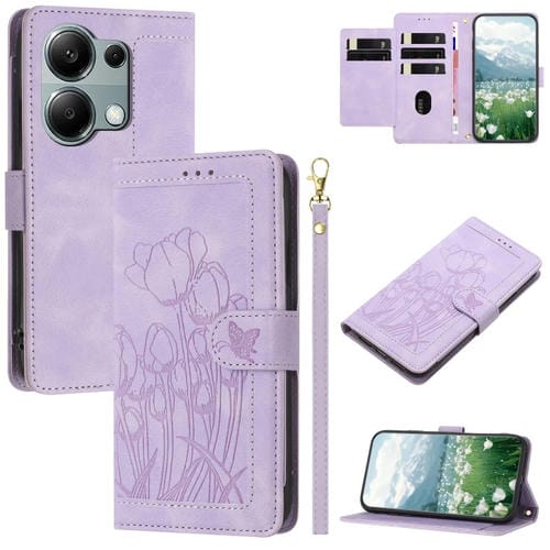 Funda de Cuero con Relieve de Tulipanes para Redmi Note 13 Pro 5G con CordĂłn (Morado)