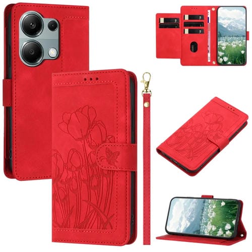 Funda de Cuero con Relieve de Tulipanes para Redmi Note 13 Pro 5G con CordĂłn (Rojo)