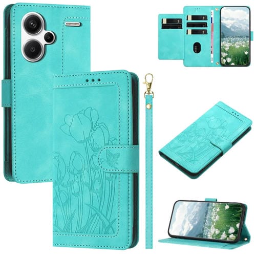 Funda de Cuero con Relieve de Tulipanes para Redmi Note 13 Pro+ 5G con CordĂłn (Verde)