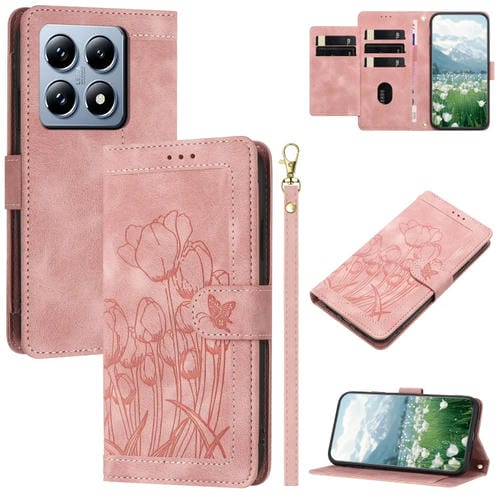 Funda de Piel con Relieve de Tulipanes para Xiaomi 14T Pro con CordĂłn (Rosa)