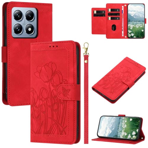 Funda De Piel Con Relieve De Tulipanes Para Xiaomi 14T Con CordĂłn (Rojo)