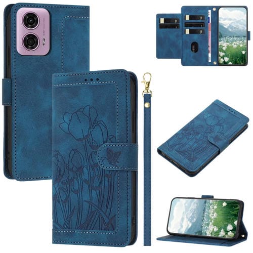 Funda de Cuero con Relieve de Tulipanes para Motorola Moto G24 con Cordón (Azul)