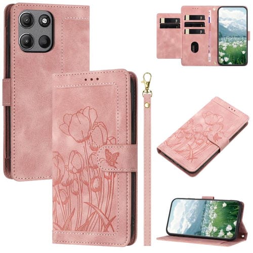 Funda de Cuero con Relieve de Tulipanes para Motorola Moto G15 con CordĂłn (Rosa)