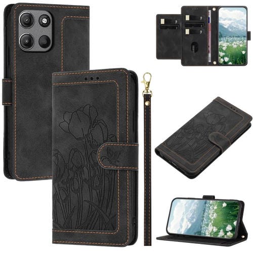 Funda de Cuero con Relieve de Tulipanes para Motorola Moto G 5G (2025) con CordĂłn (Negro)