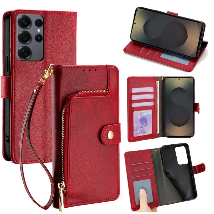 Funda de cuero con cremallera para Samsung Galaxy S25 Ultra 5G (roja)