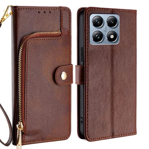 Funda de Cuero con Cremallera para Teléfono Xiaomi 14T Pro 5G (Marrón)