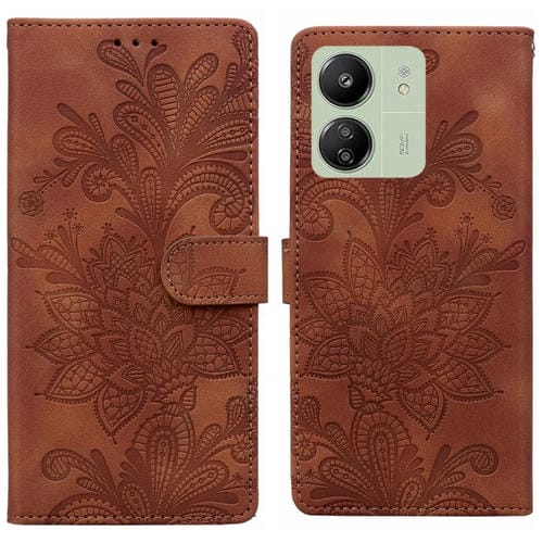 Funda de Teléfono con Hebilla Magnética de Pu con Encaje Floral En Relieve y Correa para la Muñeca para Redmi 14C (Marrón)