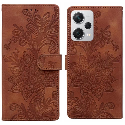Funda de Teléfono con Hebilla Magnética y Encaje Floral En Relieve para Redmi Note 12 Pro+ 5G Global con Correa para la Muñeca (Marrón)