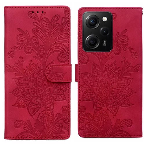 Funda de Teléfono con Hebilla Magnética y Encaje Floral En Relieve para Redmi Note 12 Pro 5G Global con Correa para la Muñeca (Rojo)