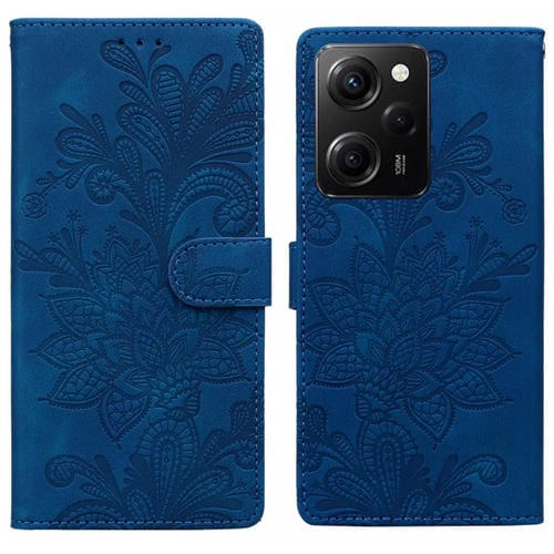 Funda de Teléfono con Hebilla Magnética y Encaje Floral En Relieve para Redmi Note 12 Pro 5G Global con Correa para la Muñeca (Azul)