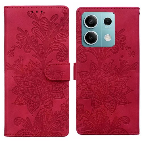 Funda de Teléfono con Hebilla Magnética y Encaje Floral En Relieve para Redmi Note 13 5G (Rojo)