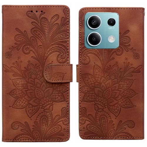 Funda de Teléfono con Hebilla Magnética y Encaje Floral En Relieve para Redmi Note 13 5G (Marrón)