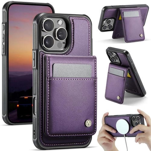 Funda de Pu para iPhone 15 Pro Jeehood J06 con Tarjetero Rfid Magsafe Estilo BritĂĄnico (Morado)