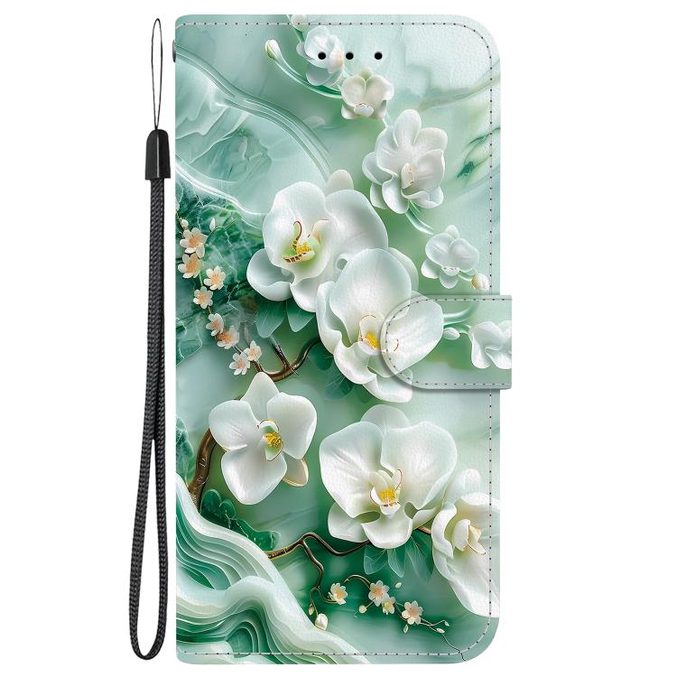 Funda de Cuero para iPhone 16 Pro Max con Dibujo de Colores y Textura de Cristal (Flores de Jade)