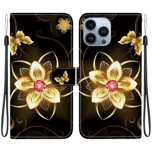 Funda de Cuero con Dibujo de Colores y Textura de Cristal para iPhone 15 Pro Max (Flor Dorada)