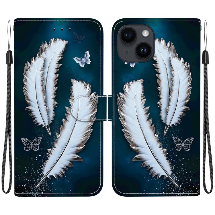 Funda de Cuero iPhone 15 Plus Dibujo Colores Textura Cristal (Plumas de Mariposa Blancas)
