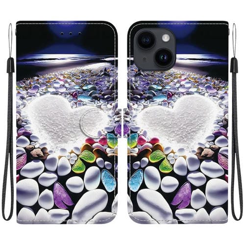 Funda de Cuero iPhone 14 Plus Dibujo Colores Textura Cristal Forma CorazĂłn