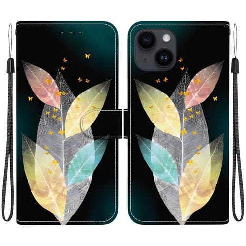 Funda de Cuero para iPhone 14 con Dibujo de Colores y Textura de Cristal (Hojas de Colores)