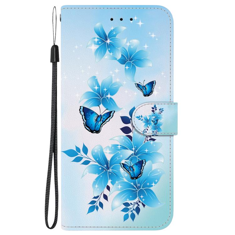 Funda de Cuero para iPhone 14 Pro Max con Dibujo de Colores y Textura de Cristal (Mariposas Azules)