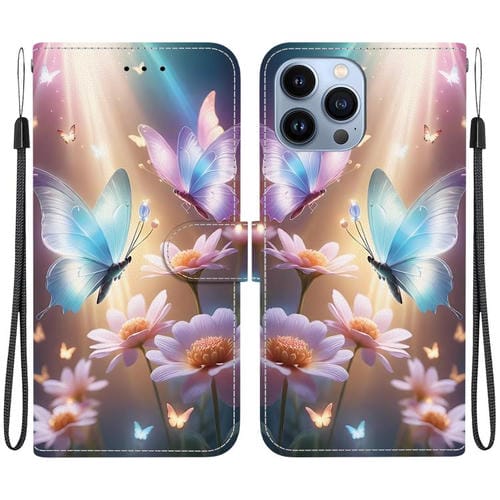 Funda de Cuero para iPhone 14 Pro Max con Dibujo de Colores y Textura de Cristal (Mariposa, Amor, Flor)