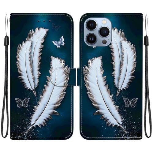 Funda de Cuero para iPhone 12/12 Pro con Dibujo de Colores y Textura de Cristal (Plumas de Mariposa Blancas)