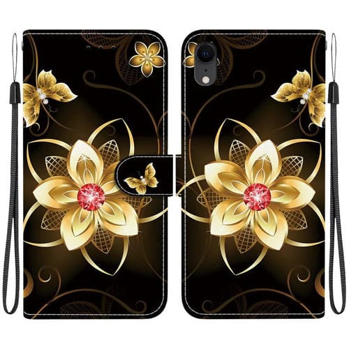 Funda de Cuero iPhone Xr Dibujo de Colores Textura de Cristal (Flor Dorada)