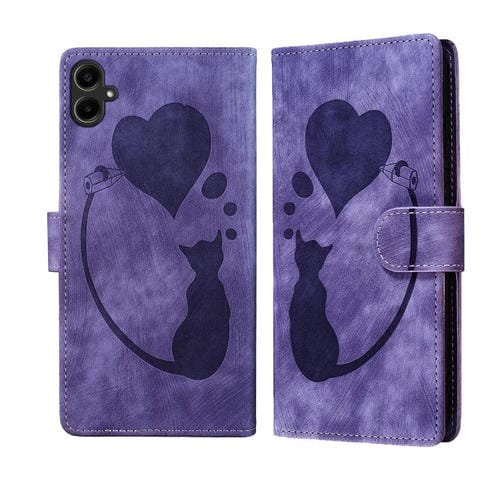 Funda de cuero con relieve de gato y corazón para Samsung Galaxy A07 4G / A06 4G (morado)
