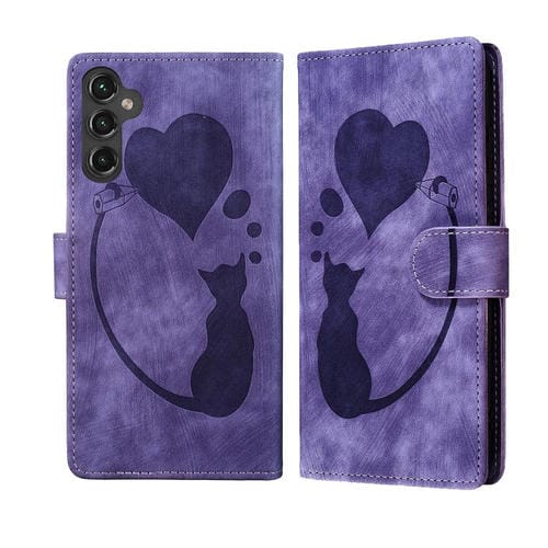 Funda de piel con relieve de gato y corazón para Samsung Galaxy A17 5G / A26 5G (morada)