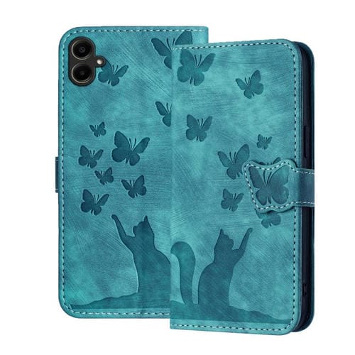 Funda de cuero con tapa y estampado de mariposa y gato para Samsung Galaxy A07 4G / A06 4G (Wathet)
